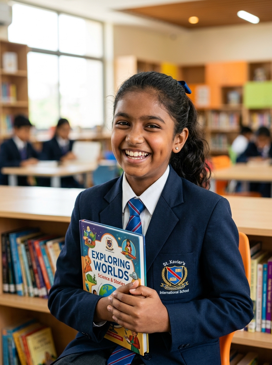 Happy Indian school student holding book